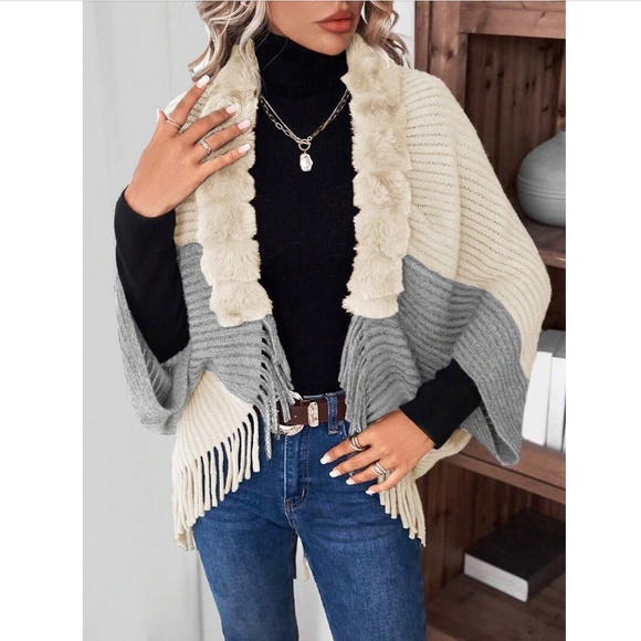 Beige & Grey Fringe Hem Open Cardigan Sweater Vegan Faux Fur - Picture 2 of 6
